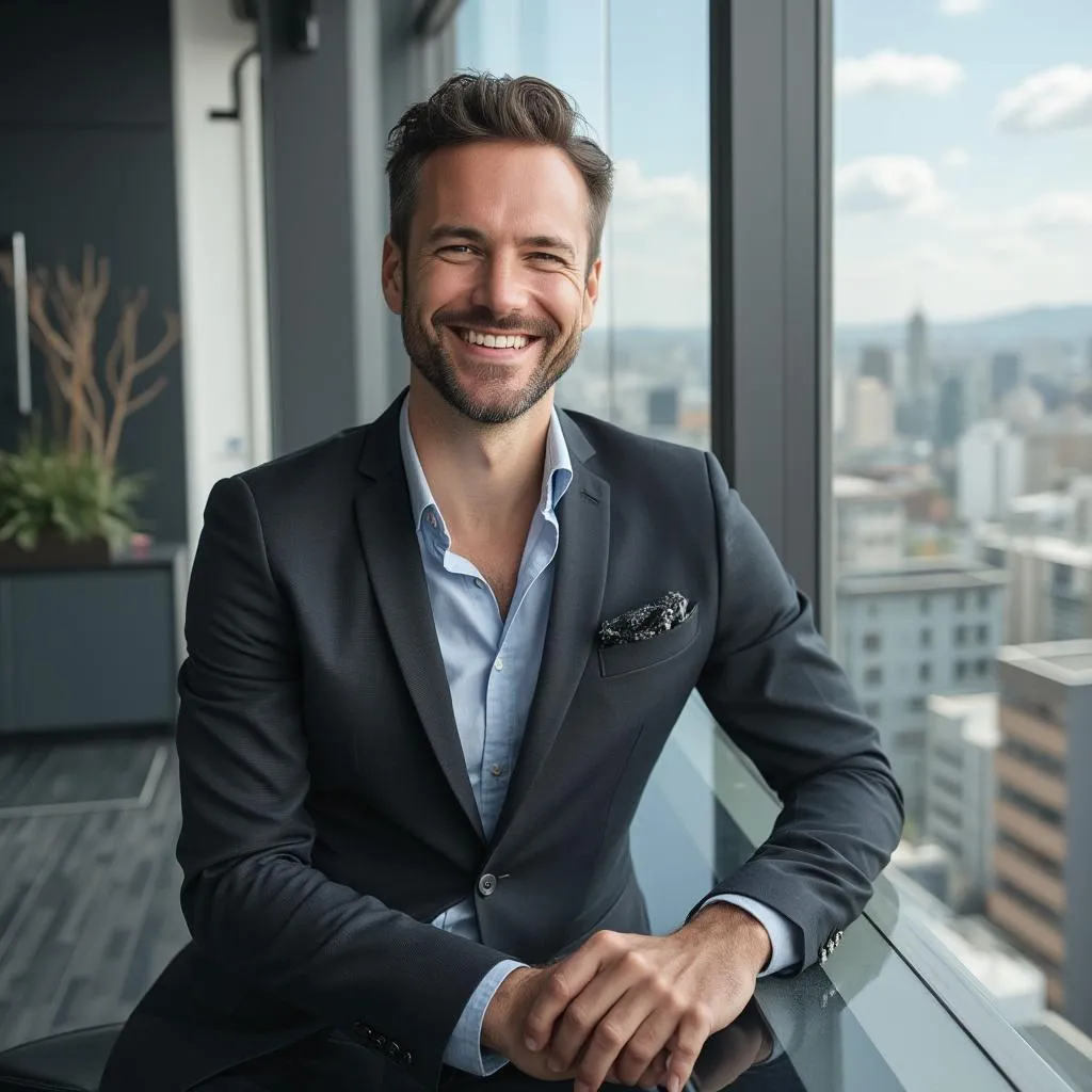 Empresario sonriente en oficina moderna en Buenos Aires